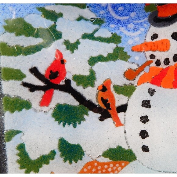 Peggy Karr Fused Glass Snowman Platter Tray Plate Square 9 In Bunny Deer Winter - Picture 4 of 8